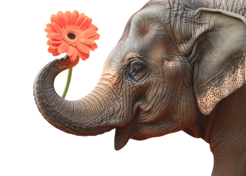 Elefant hält orangefarbene Gerbera-Blume mit dem Rüssel vors Gesicht, schaut verspielt nach rechts