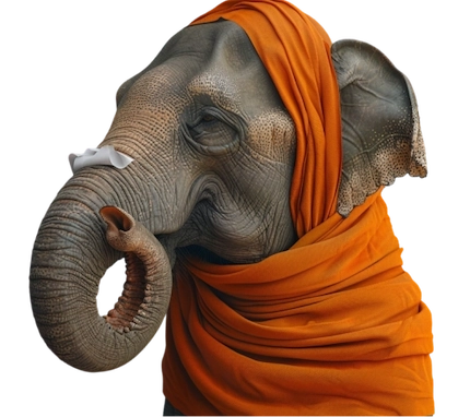 Elefant mit orangefarbenem Tuch über Kopf und Schulter, hebt leicht den Rüssel, schaut ernst zur Seite auf orangefarbenem Hintergrund. Auf seinem Rüssel liegt ein Taschentuch, vielleicht weil er verschnupft ist