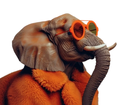 Elefant mit sehr glatten, faltenfreier Haut trägt eine übergroße, runde orangefarbene Sonnenbrille und eine orangene Kunstpelzjacke. Er schaut cool zur Seite